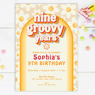 Nine Groovy Years 9th Birthday Invitation   Retro 