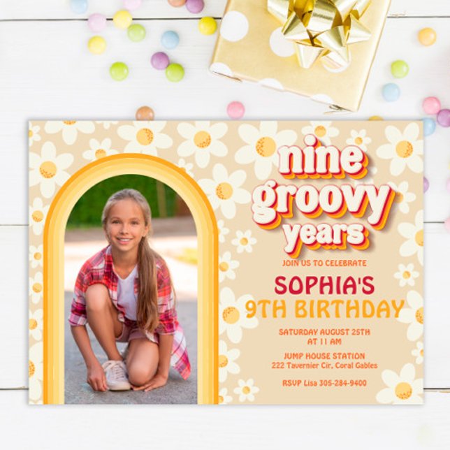 Nine Groovy Years 9th Birthday Photo Invitation |  (Creator Uploaded)