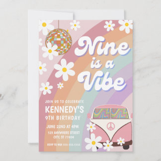 Nine is a vibe 9th birthday invitation groovy girl