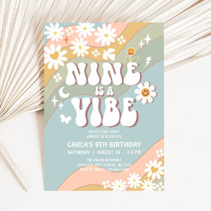 NINE is a Vibe Daisy Hippie 70s Retro Birthday Invitation