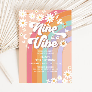 Nine is a Vibe Daisy Rainbow Groovy 9th Birthday Invitation