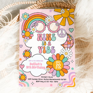 Nine Is A Vibe Groovy 70s Flower Power Birthday Invitation