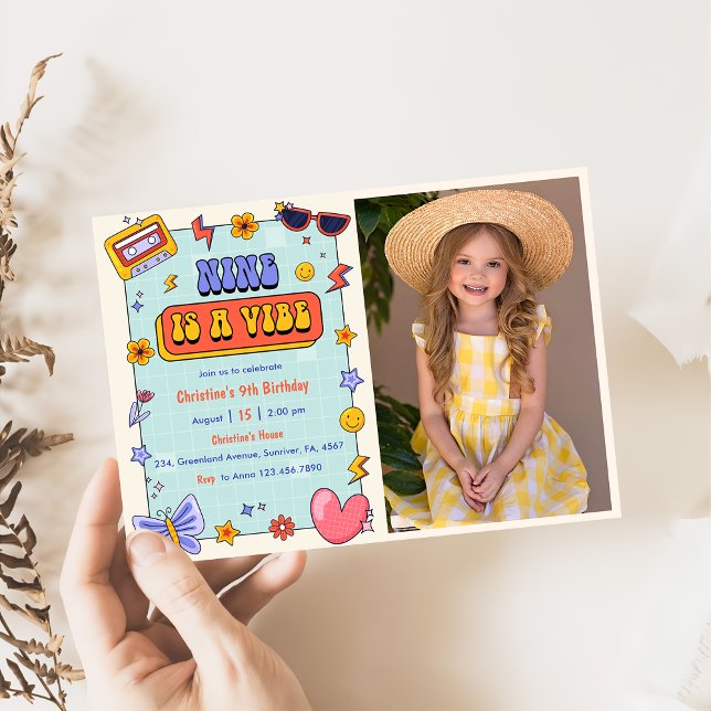 Nine Is A Vibe Groovy Hippie 9th Birthday Photo  Invitation (Creator Uploaded)