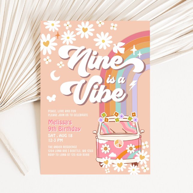 Nine is a Vibe Groovy Pink Daisy 9th Birthday Invitation (Creator Uploaded)