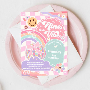 Nine Is A Vibe Groovy Rainbow Disco 9th Birthday  Invitation