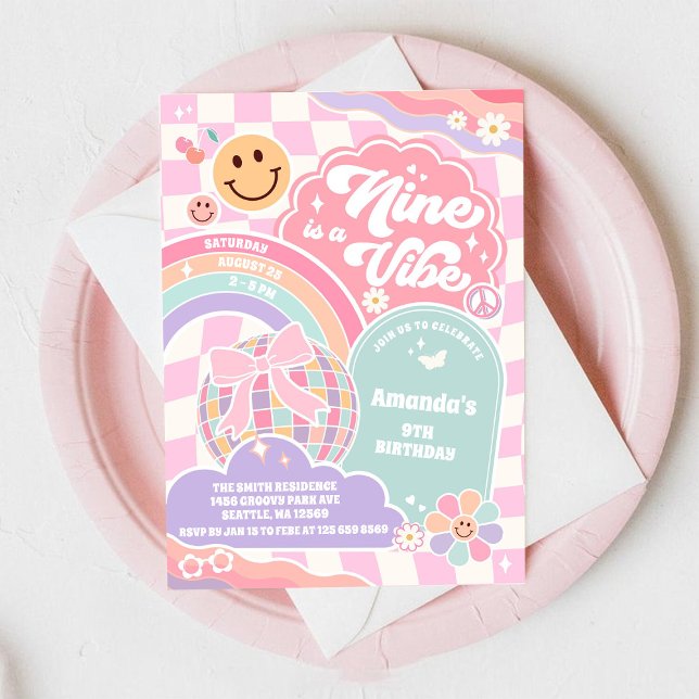 Nine Is A Vibe Groovy Rainbow Disco 9th Birthday  Invitation (Creator Uploaded)