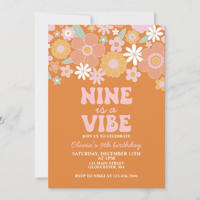 Nine is a vibe Groovy Retro Floral 9th birthday Invitation (Front)