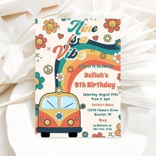 Nine Is A Vibe Groovy Retro Floral 9th Birthday Invitation