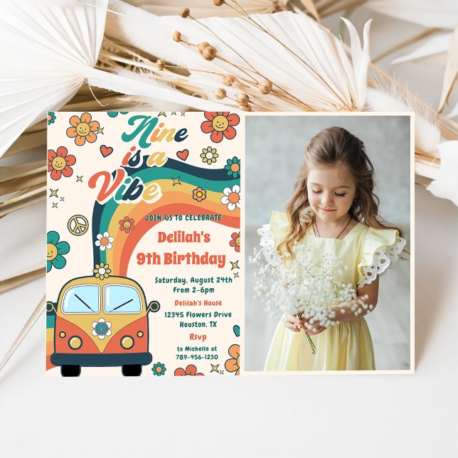 Nine Is A Vibe Groovy Retro Floral 9th Birthday Invitation (Creator Uploaded)