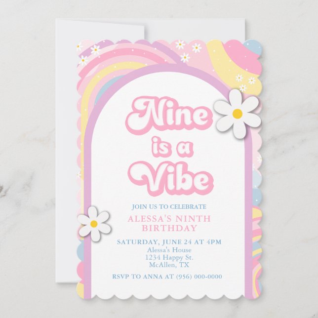 Nine is a Vibe Groovy, Retro Girl Pastel Colours Invitation (Front)