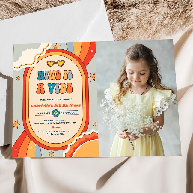 Nine Is A Vibe Groovy Retro Rainbow 9th Birthday Invitation (Creator Uploaded)