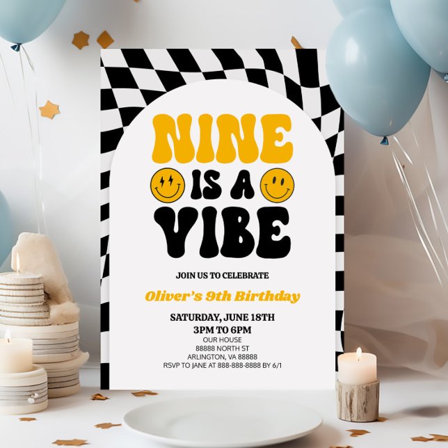 Nine Is A Vibe Retro First 9th Birthday Party Invitation (Creator Uploaded)