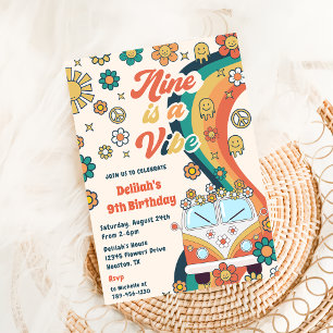 Nine Is A Vibe Retro Floral 9th Birthday Party Invitation