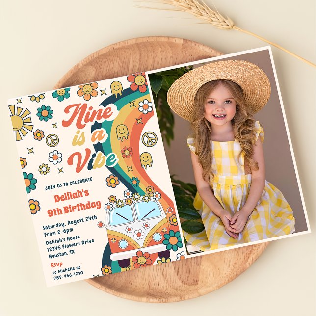 Nine Is A Vibe Retro Floral 9th Birthday Party Invitation (Creator Uploaded)