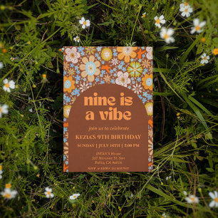 Nine is a Vibe Retro Groovy Flowers 9th Birthday Invitation