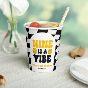 Nine Is A Vibe Retro Ninth 9th Birthday Party Paper Cups