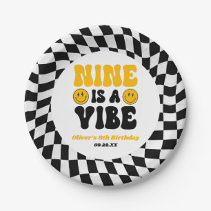 Nine Is A Vibe Retro Ninth 9th Birthday Party Paper Plate
