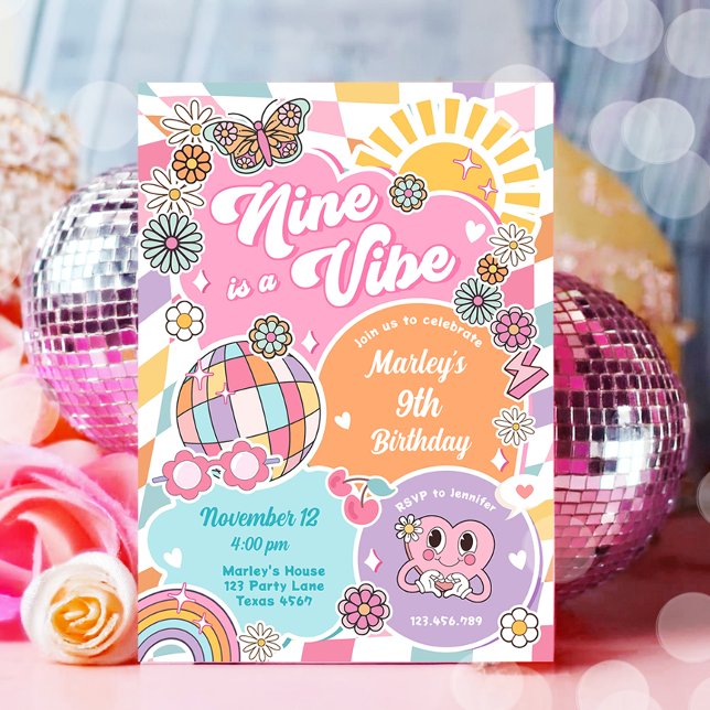 Nine is a Vibe Retro Preppy Varsity Disco Birthday Invitation (Creator Uploaded)