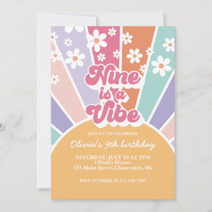 Nine is a Vibe Retro Sunshine Rainbow Daisy Invitation