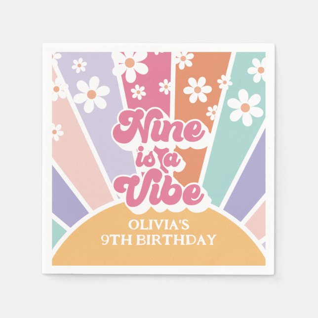 Nine is a Vibe Retro Sunshine Rainbow Daisy Napkin (Front)