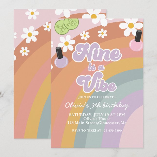 Nine is a vibe Spa Rainbow 9th Birthday Invitation (Front/Back)
