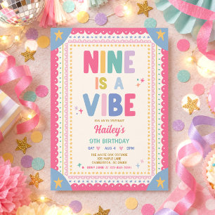 Nine Is A Vibe Whimsical Girl 9th Birthday Party Invitation
