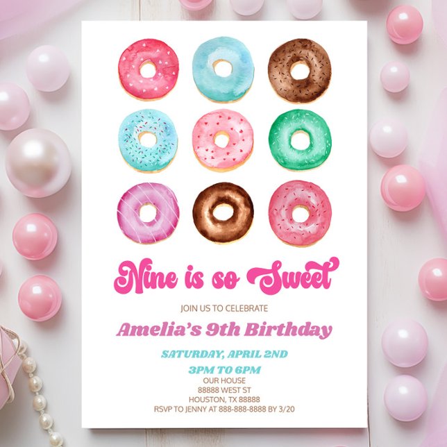 Nine Is So Sweet Doughnut 9th Birthday Party Invitation (Creator Uploaded)