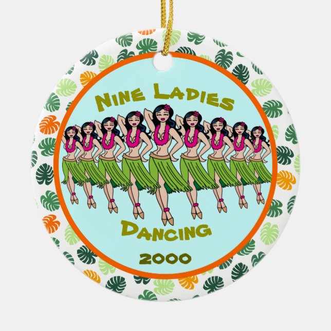 Nine Ladies Dancing - Custom year Ceramic Orname Tree Decoration (Front)