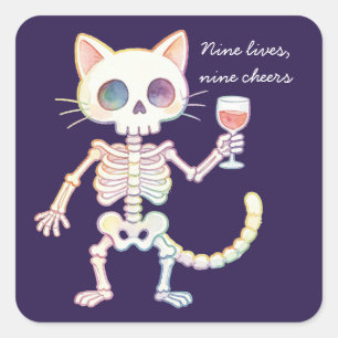 Nine Lives Nine Cheers Cute Skeleton Cat Halloween Square Sticker