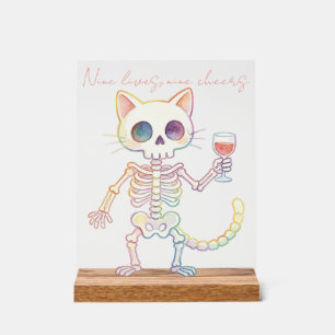 Nine Lives Nine Cheers Rainbow Skeleton Cat Acrylic Sign