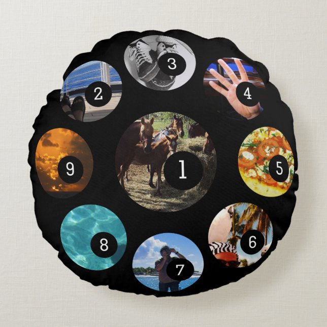 Nine of Your Photos to Make Your Own Easily Black Round Cushion (Front)