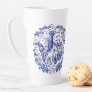 Nine-Tailed Fox Kitsune Imari Style Blue White Latte Mug