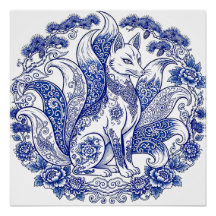 Nine-Tailed Fox Kitsune Imari Style Blue White