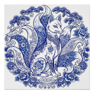 Nine-Tailed Fox Kitsune Imari Style Blue White Poster