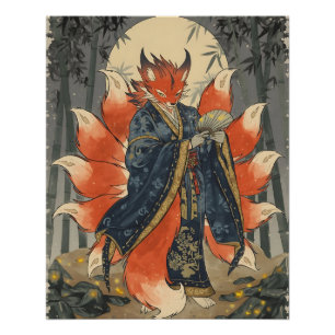 Nine-Tailed Kitsune Fox Japanese Mythology Art Poster