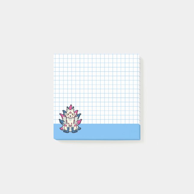 Nine-Tailed Kitsune- Japanese Fox Yokai Blue Grid Post-it Notes (Front)