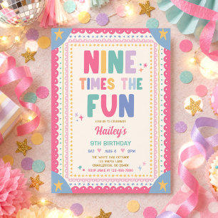 Nine Times The Fun Whimsical Girl 9th Birthday Invitation