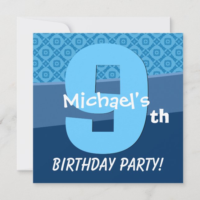 Nine Year Old Birthday Blue Pattern For Boy V06H Invitation (Front)