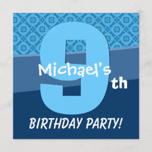 Nine Year Old Birthday Blue Pattern For Boy V06H Invitation