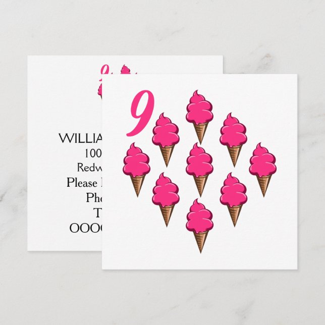 Nine year old Girls Birthday Cute Pink Ice Creams Invitation (Front/Back)