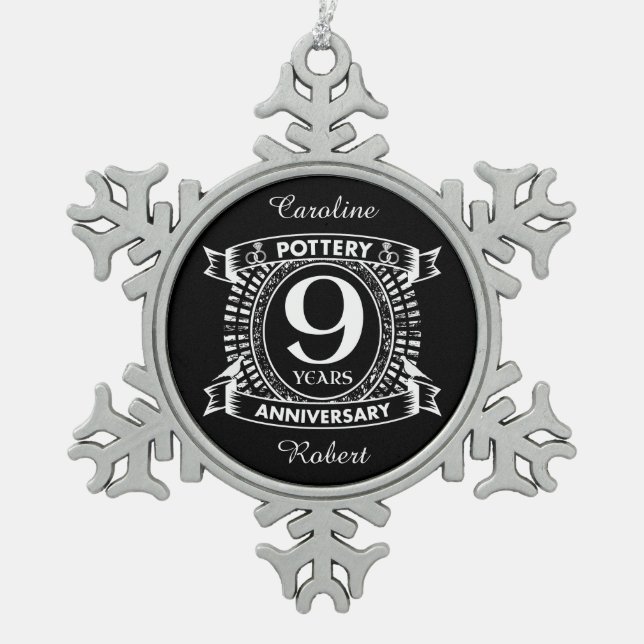Nine years Pottery wedding anniversary Snowflake Pewter Christmas Ornament (Front)