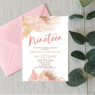 Nineteen Boho Pink Floral 19th Birthday Party Invitation