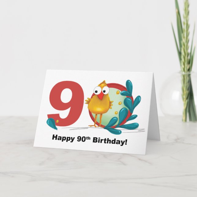 Ninetieth 90 Birthday with Funny Bird and Branch Card (Front)