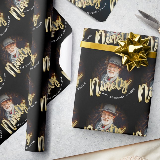 Ninety 90th Birthday photo script gold custom Wrapping Paper (Creator Uploaded)