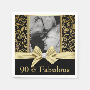 Ninety and Fabulous gold damask 90th Birthday Napkin
