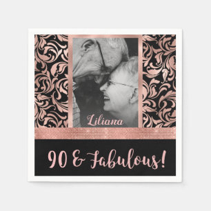 Ninety and Fabulous Rose Gold Damask 90th Birthday Napkin