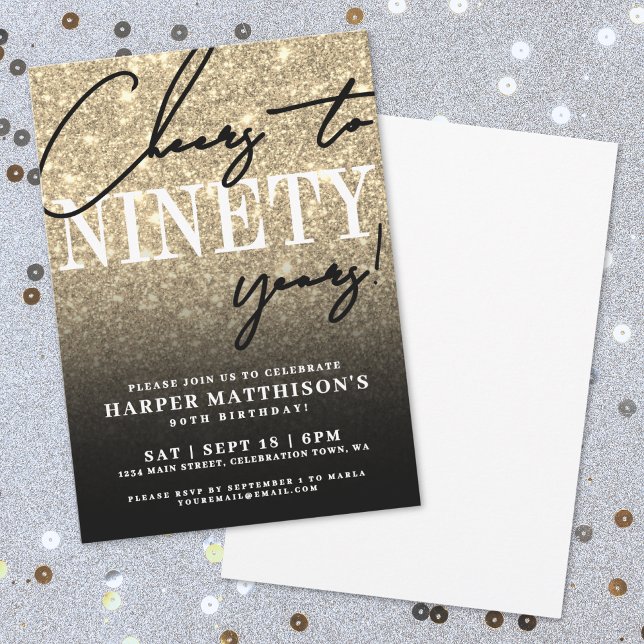 Ninety Black Gold 90th Birthday Party Invitation (Ninety Black Gold 90th Birthday Party Invitation)