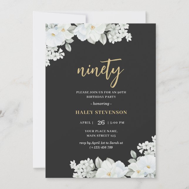 Ninety Black & Gold White Floral Elegant Birthday Invitation (Front)