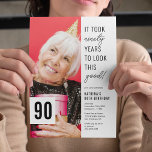 Ninety Chic Photo 90th Birthday Party Invitation<br><div class="desc">Create unforgettable moments with our modern 90th birthday party invitations! Characterized by a sophisticated white background and an amusing saying - 'It took ninety years to look this good!', these invites also offer a convenient text template you can customize easily. Add in the celebrant's photo, and you've got an invitation...</div>