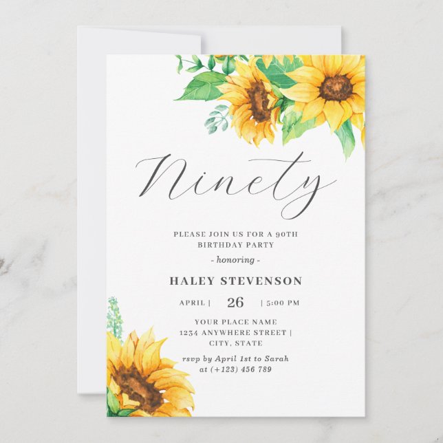 Ninety Chic Yellow Sunflower Floral 90th Birthday Invitation (Front)